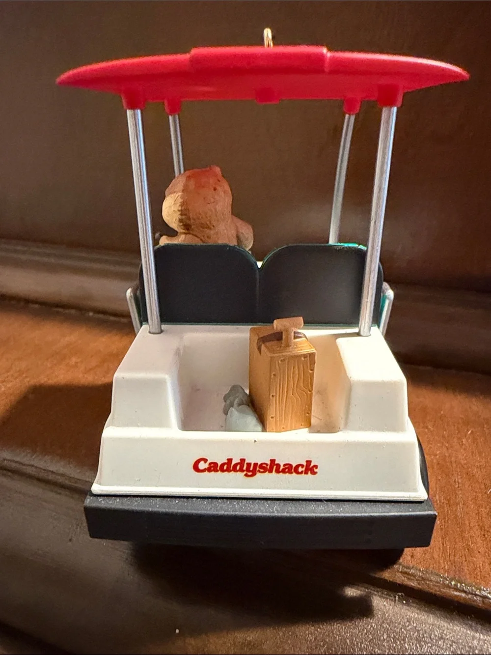 White and Red Golf Cart tree ornament with Green Seat and Plush Driver